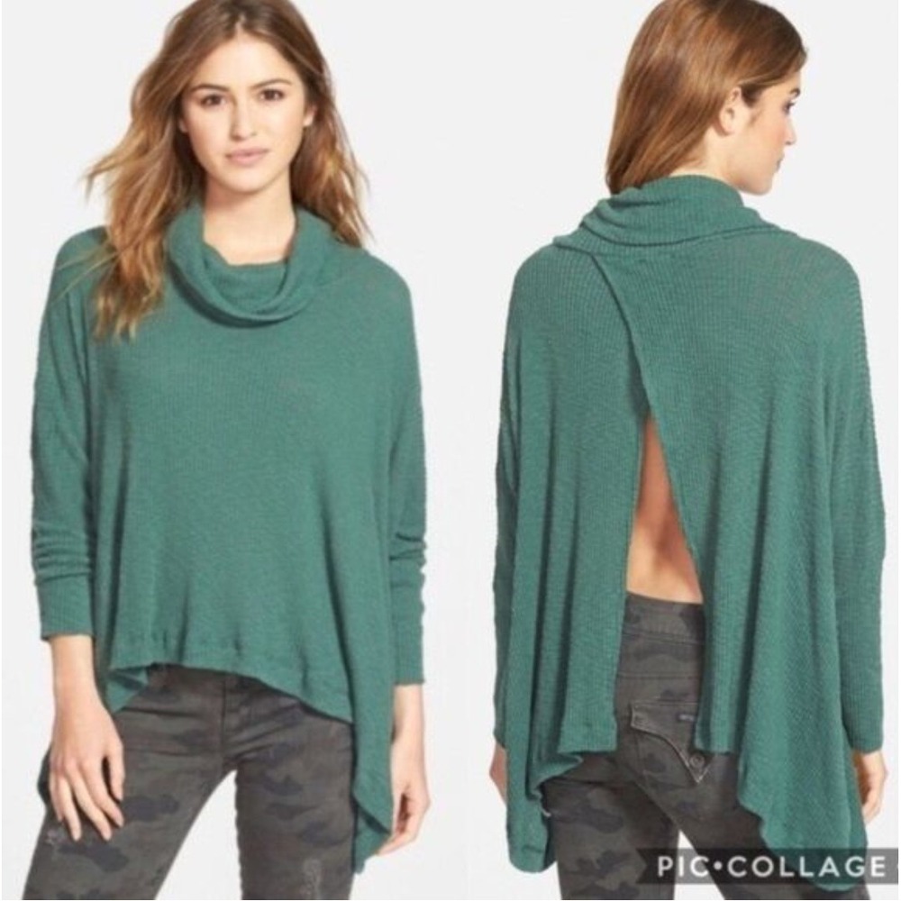 Free People FP Beach World Traveler Cowl Neck Split Back Sweater Top Green Large